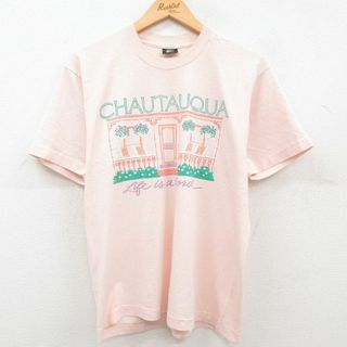 L★古着 半袖 ビンテージ Tシャツ メンズ 90年代 90s CHAUTAUQUA 花 クルーネック USA製 薄ピンク 23jul21 中古(Tシャツ/カットソー(半袖/袖なし))