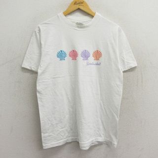 ヘインズ(Hanes)のL★古着 ヘインズ Hanes 半袖 ビンテージ Tシャツ メンズ 80年代 80s 貝殻 コットン クルーネック USA製 白 ホワイト 23jul21 中古(Tシャツ/カットソー(半袖/袖なし))