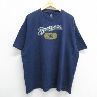 マジェスティック(Majestic)のXL★古着 マジェスティック 半袖 ビンテージ Tシャツ メンズ 00年代 00s MLB ミルウォーキーブルワーズ 大きいサイズ コットン クルーネック 紺 ネイビー メジャーリーグベースボール 野球 23jul22 中古(Tシャツ/カットソー(半袖/袖なし))