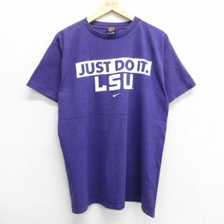 ナイキ(NIKE)のL★古着 ナイキ NIKE 半袖 ビンテージ Tシャツ メンズ 90年代 90s ワンポイントロゴ JUST DO IT LSU コットン クルーネック USA製 紫 パープル 23jul22 中古(Tシャツ/カットソー(半袖/袖なし))