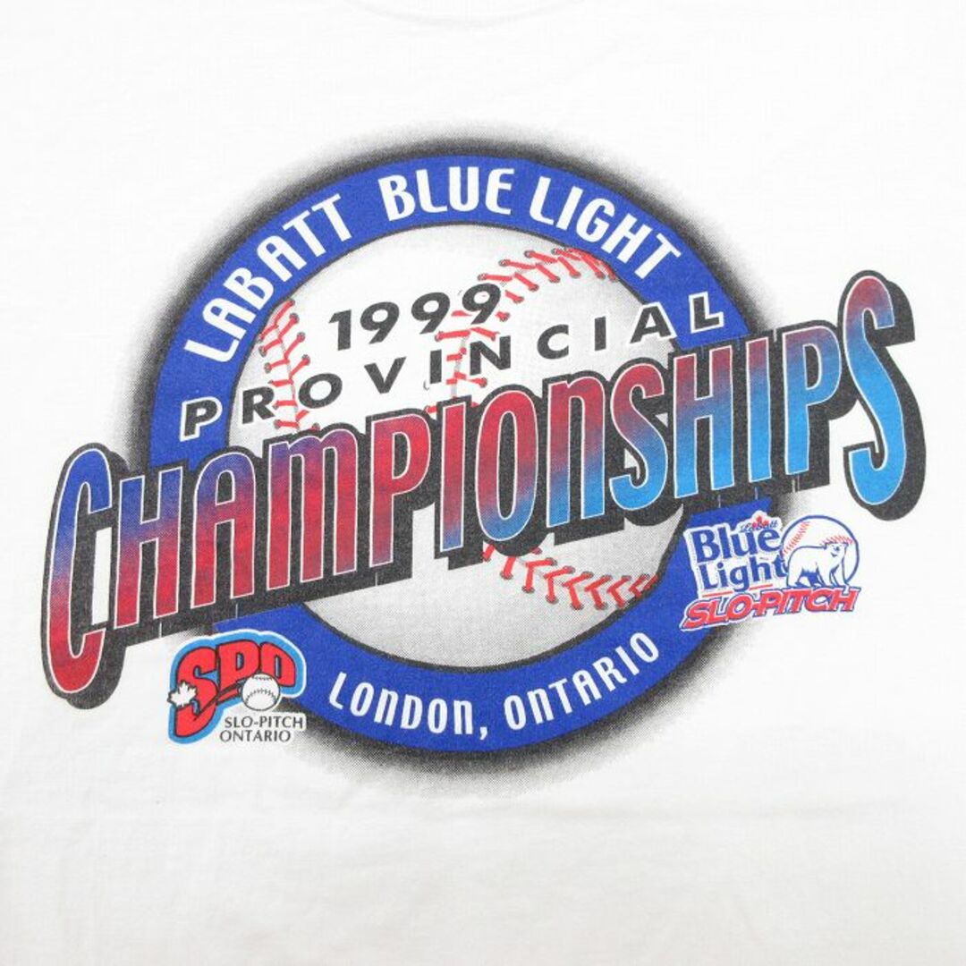 Champion(チャンピオン)のXL★古着 半袖 ビンテージ Tシャツ メンズ 90年代 90s チャンピオンシップ スローピッチ ブルーライトビール コットン クルーネック 白 ホワイト 23jul22 中古 メンズのトップス(Tシャツ/カットソー(半袖/袖なし))の商品写真