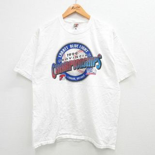 チャンピオン(Champion)のXL★古着 半袖 ビンテージ Tシャツ メンズ 90年代 90s チャンピオンシップ スローピッチ ブルーライトビール コットン クルーネック 白 ホワイト 23jul22 中古(Tシャツ/カットソー(半袖/袖なし))