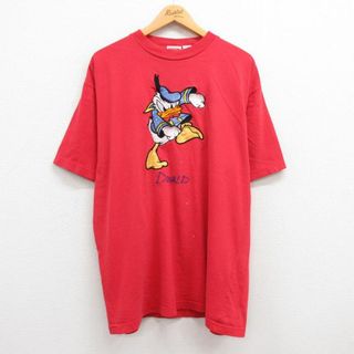 ディズニー(Disney)のXL★古着 半袖 ビンテージ Tシャツ メンズ 90年代 90s ディズニー DISNEY ドナルド 大きいサイズ コットン クルーネック 赤 レッド 23jul24 中古(Tシャツ/カットソー(半袖/袖なし))