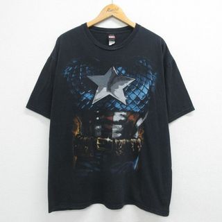 マーベル(MARVEL)のXL★古着 半袖 ビンテージ Tシャツ メンズ 00年代 00s マーベル キャプテンアメリカ 大きいサイズ コットン クルーネック 黒 ブラック 23jul24 中古(Tシャツ/カットソー(半袖/袖なし))