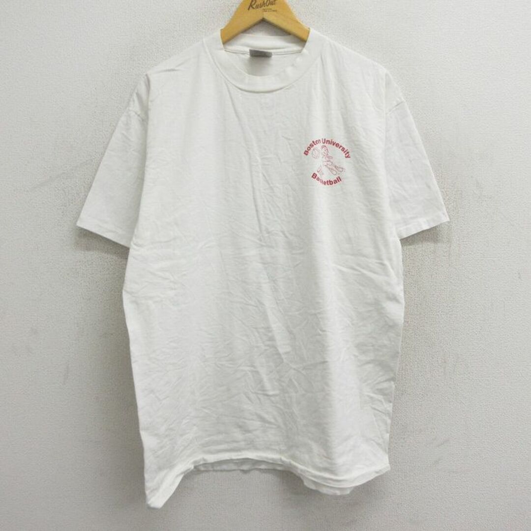 XL★古着 半袖 ビンテージ Tシャツ メンズ 90年代 90s ボストン 大学 バスケットボール コットン クルーネック 白 ホワイト 23jul24 中古 メンズのトップス(Tシャツ/カットソー(半袖/袖なし))の商品写真