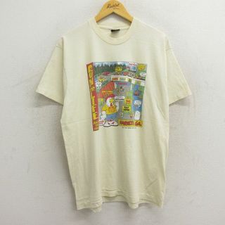 XL★古着 半袖 ビンテージ Tシャツ メンズ 90年代 90s ニワトリ マラソン クルーネック USA製 薄黄 イエロー 23jul24 中古(Tシャツ/カットソー(半袖/袖なし))