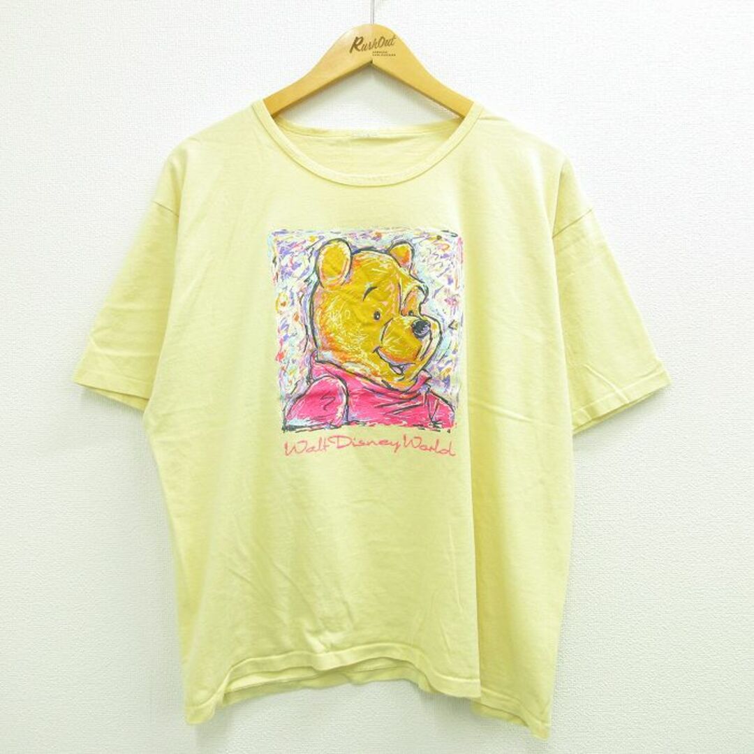 Disney(ディズニー)のXL★古着 半袖 ビンテージ Tシャツ メンズ 90年代 90s ディズニー DISNEY くまのプーさん 大きいサイズ クルーネック 薄黄 イエロー 23jul24 中古 メンズのトップス(Tシャツ/カットソー(半袖/袖なし))の商品写真