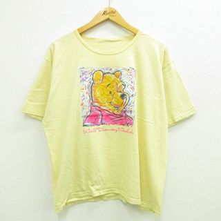 ディズニー(Disney)のXL★古着 半袖 ビンテージ Tシャツ メンズ 90年代 90s ディズニー DISNEY くまのプーさん 大きいサイズ クルーネック 薄黄 イエロー 23jul24 中古(Tシャツ/カットソー(半袖/袖なし))