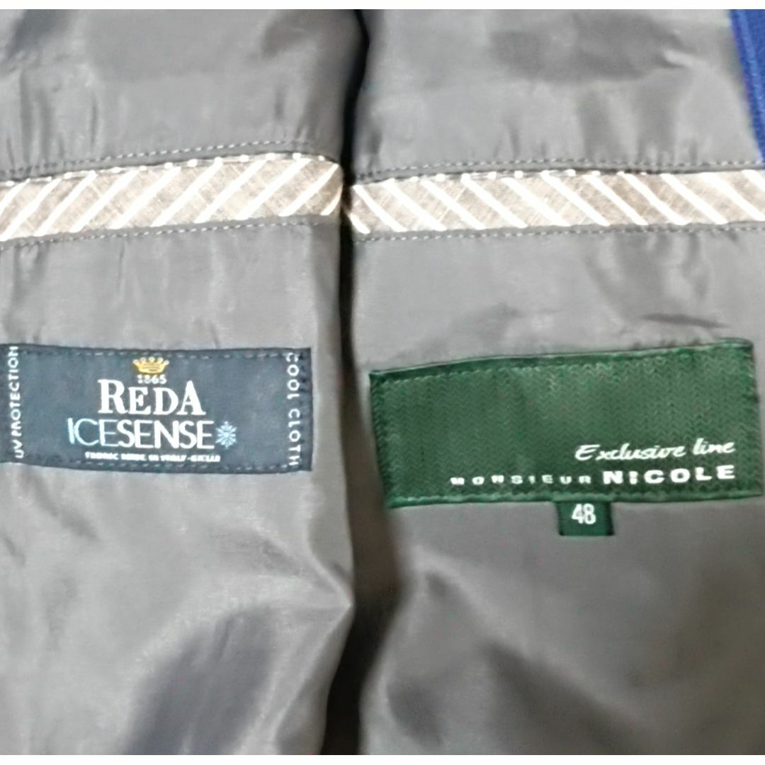 MONSIEUR NICOLE(ムッシュニコル)のムッシュニコル　テーラードジャケット　チェック柄　青　リネン混　M　背抜き　レダ メンズのジャケット/アウター(テーラードジャケット)の商品写真