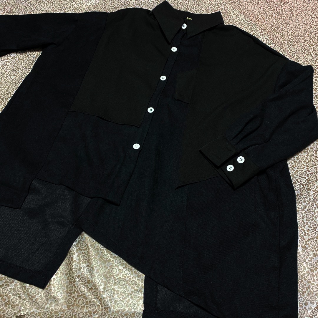 前開き　シャツ　ブラウス　アシメ　異素材　ブラック　大きいサイズ レディースのトップス(シャツ/ブラウス(長袖/七分))の商品写真