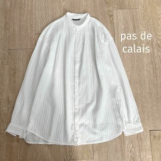 パドカレ(pas de calais)のパドカレ＊チビ襟ギャザーブラウス　シャツ　ストライプ　ゆったり　コットン　38(シャツ/ブラウス(長袖/七分))