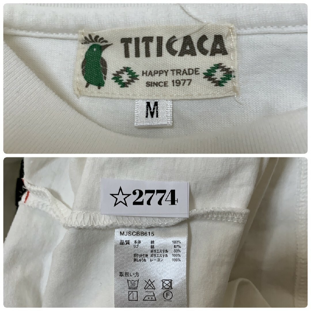 titicaca(チチカカ)のチチカカ　半袖カットソー　M　ベージュ　グリーン　イエロー　ポケット　刺繍　綿 レディースのトップス(カットソー(半袖/袖なし))の商品写真