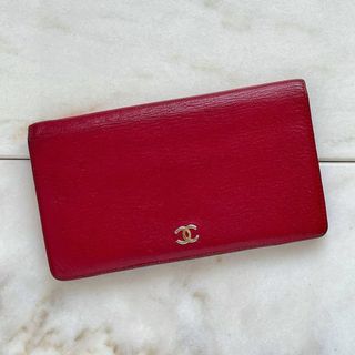 シャネル(CHANEL)の希少☆CHANEL シャネル レザー 長財布 赤 ココマーク 本革 レッド 長札(財布)