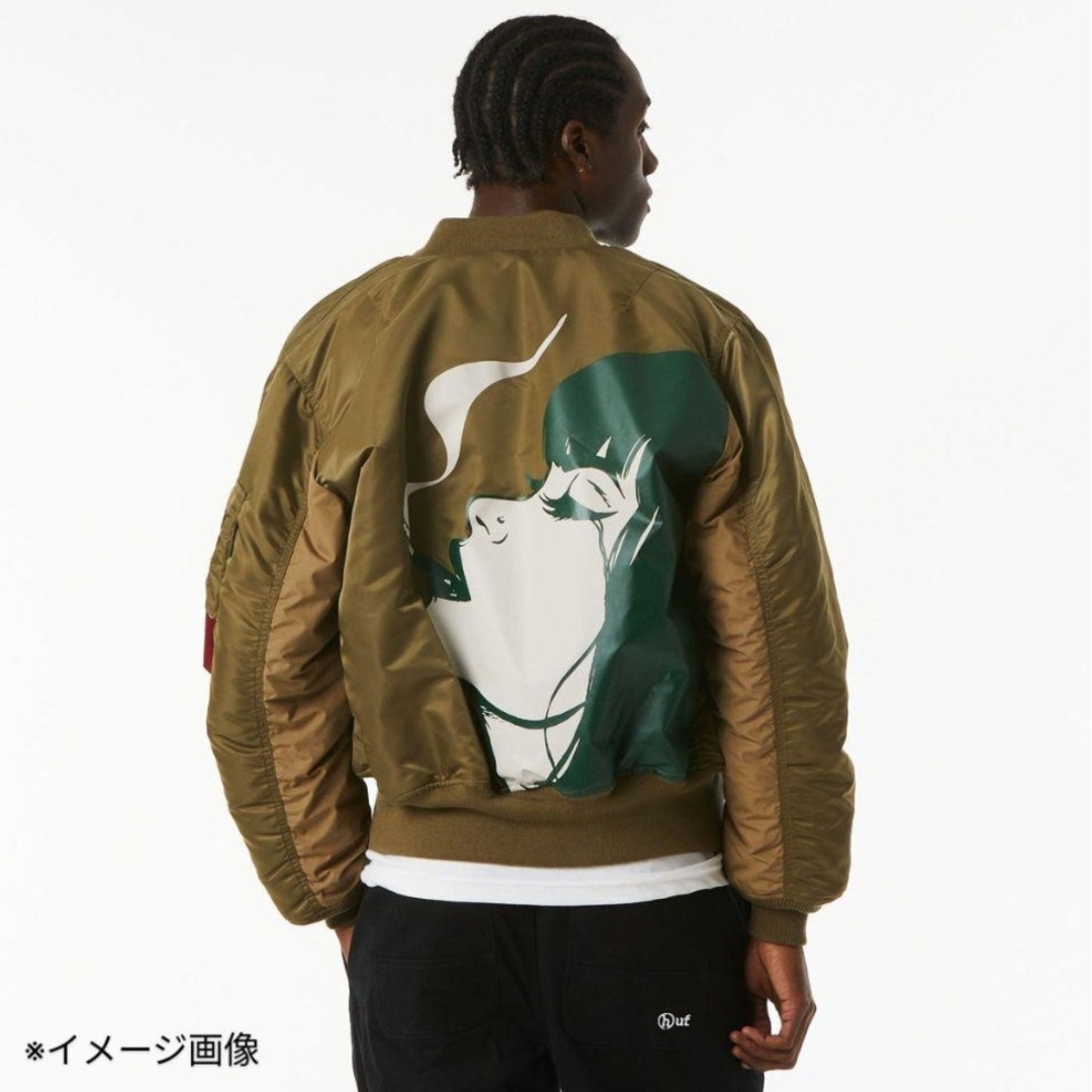 ALPHA INDUSTRIES(アルファインダストリーズ)のALPHA×HUF 限定 コラボ スクリーンプリント【未使用★オリーブ★L】 メンズのジャケット/アウター(フライトジャケット)の商品写真