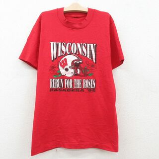 古着 半袖 ビンテージ Tシャツ キッズ ボーイズ 子供服 90年代 90s ウィスコンシン フットボール クルーネック 赤 レッド 23jul28(シャツ/カットソー)