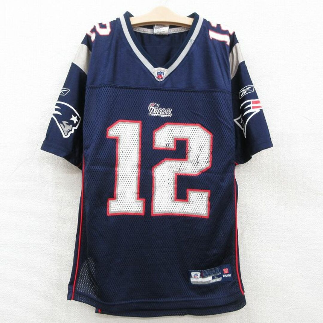 Reebok(リーボック)の古着 リーボック REEBOK 半袖 ビンテージ フットボール Tシャツ キッズ ボーイズ 子供服 00年代 00s NFL ニューイングランドペイトリオッツ トムブレディ ラグラン メッシュ地 Vネック 紺他 ネイビー ユニフォーム ゲームシャツ アメフト スーパーボウル 23jul28 キッズ/ベビー/マタニティのベビー服(~85cm)(シャツ/カットソー)の商品写真