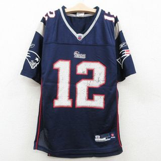 リーボック(Reebok)の古着 リーボック REEBOK 半袖 ビンテージ フットボール Tシャツ キッズ ボーイズ 子供服 00年代 00s NFL ニューイングランドペイトリオッツ トムブレディ ラグラン メッシュ地 Vネック 紺他 ネイビー ユニフォーム ゲームシャツ アメフト スーパーボウル 23jul28(シャツ/カットソー)