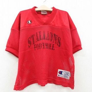 チャンピオン(Champion)の古着 チャンピオン champion 半袖 ビンテージ フットボール Tシャツ キッズ ボーイズ 子供服 00年代 00s STALLIONS メッシュ地 Vネック 赤 レッド ユニフォーム ゲームシャツ 23jul28(シャツ/カットソー)