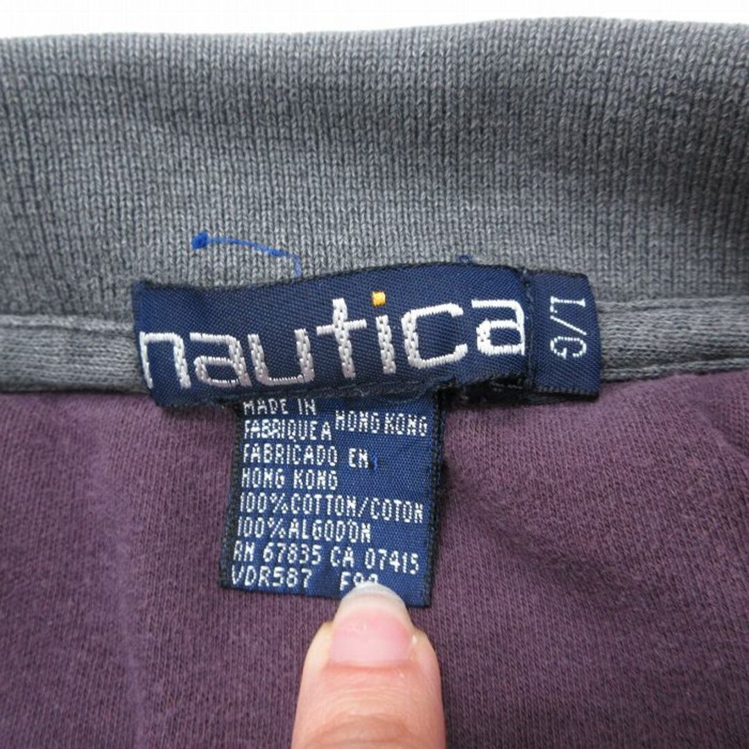 NAUTICA(ノーティカ)のM★古着 ノーティカ NAUTICA 長袖 ブランド ポロ シャツ メンズ 90年代 90s ワンポイントロゴ ロング丈 コットン 紺 ネイビー ストライプ 23jul29 中古 トップス メンズのトップス(ポロシャツ)の商品写真