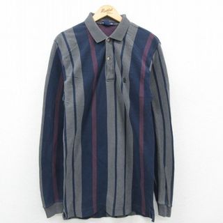 ノーティカ(NAUTICA)のM★古着 ノーティカ NAUTICA 長袖 ブランド ポロ シャツ メンズ 90年代 90s ワンポイントロゴ ロング丈 コットン 紺 ネイビー ストライプ 23jul29 中古 トップス(ポロシャツ)