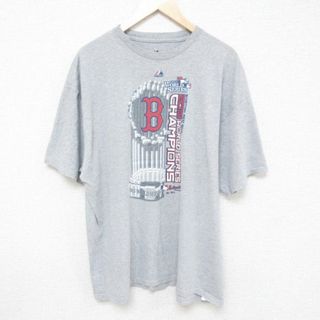 チャンピオン(Champion)のXL★古着 マジェスティック 半袖 Tシャツ メンズ MLB ボストンレッドソックス ワールドシリーズ チャンピオンズ 大きいサイズ クルーネック グレー 霜降り メジャーリーグ ベースボール 野球 23jul27 中古(Tシャツ/カットソー(半袖/袖なし))