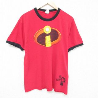 ディズニー(Disney)のL★古着 半袖 Tシャツ メンズ ディズニー DISNEY ミスターインクレディブル コットン クルーネック 赤 レッド リンガー 23jul27 中古(Tシャツ/カットソー(半袖/袖なし))