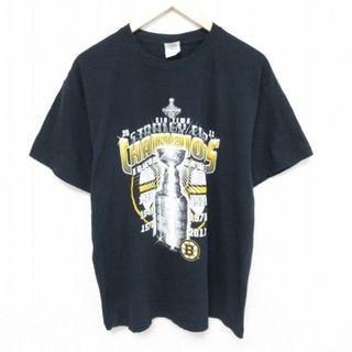 チャンピオン(Champion)のL★古着 半袖 Tシャツ メンズ NHL ボストンブルーインズ チャンピオンズ コットン クルーネック 黒 ブラック アイスホッケー 23jul28 中古(Tシャツ/カットソー(半袖/袖なし))