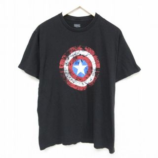 マーベル(MARVEL)のL★古着 半袖 Tシャツ メンズ マーベル キャプテンアメリカ コットン クルーネック 黒 ブラック 23jul31 中古(Tシャツ/カットソー(半袖/袖なし))