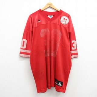 アディダス(adidas)のXL★古着 アディダス adidas 半袖 ビンテージ フットボール Tシャツ メンズ 90年代 90s ネブラスカハスカーズ 30 メッシュ地 大きいサイズ ロング丈 Vネック 赤 レッド ユニフォーム ゲームシャツ 23jul26 中古(Tシャツ/カットソー(半袖/袖なし))