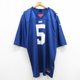 ナイキ(NIKE)のXL★古着 ナイキ NIKE 半袖 ビンテージ フットボール Tシャツ メンズ 00年代 00s NFL ニューヨークジャイアンツ ランドンコリンズ 5 メッシュ地 大きいサイズ ロング丈 Vネック 青 ブルー アメフト スーパーボウル ユニフォーム ゲームシャツ 23jul26 中古(Tシャツ/カットソー(半袖/袖なし))