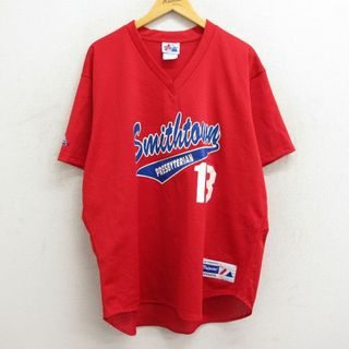 マジェスティック(Majestic)のXL★古着 マジェスティック 半袖 ビンテージ Tシャツ メンズ 90年代 90s スミスタウン 23 メッシュ地 大きいサイズ Vネック USA製 赤 レッド 23jul26 中古(Tシャツ/カットソー(半袖/袖なし))