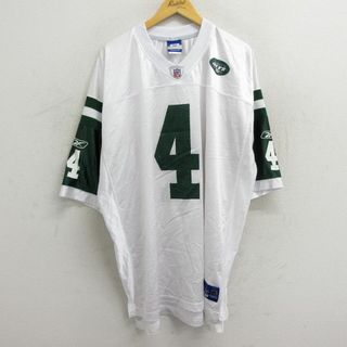 リーボック(Reebok)のXL★古着 リーボック REEBOK 半袖 ビンテージ フットボール Tシャツ メンズ 00年代 00s NFL ニューヨークジェッツ ブレットファーヴ 4 メッシュ地 ロング丈 大きいサイズ Vネック 白 ホワイト ユニフォーム ゲームシャツ アメフト スーパーボウル 23jul26 中古(Tシャツ/カットソー(半袖/袖なし))