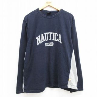 ノーティカ(NAUTICA)のXL★古着 ノーティカ NAUTICA 長袖 ブランド Tシャツ メンズ ビッグロゴ ツートンカラー 大きいサイズ コットン クルーネック 紺他 ネイビー 23jul28 中古(Tシャツ/カットソー(半袖/袖なし))