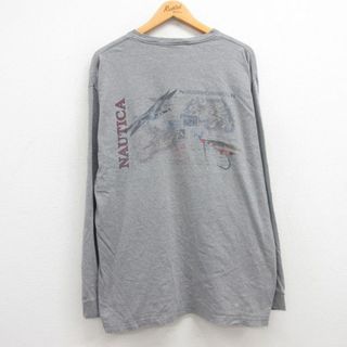 ノーティカ(NAUTICA)のXL★古着 ノーティカ NAUTICA 長袖 ビンテージ ブランド Tシャツ メンズ 90年代 90s ビッグロゴ ルアー 胸ポケット付き 大きいサイズ コットン クルーネック USA製 グレー 霜降り 23jul28 中古(Tシャツ/カットソー(半袖/袖なし))