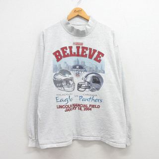 フィラ(FILA)のXL★古着 長袖 ビンテージ Tシャツ メンズ 00年代 00s NFL フィラデルフィアイーグルス カロライナパンサーズ 大きいサイズ モックネック ハイネック 薄グレー 霜降り アメフト スーパーボウル 23jul28 中古(Tシャツ/カットソー(半袖/袖なし))