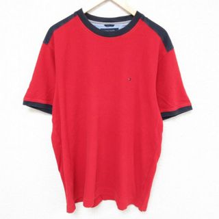 トミーヒルフィガー(TOMMY HILFIGER)のXL★古着 トミーヒルフィガー TOMMY HILFIGER 半袖 ブランド Tシャツ メンズ ワンポイントロゴ 大きいサイズ コットン クルーネック 赤 レッド リンガー 23jul27 中古(Tシャツ/カットソー(半袖/袖なし))