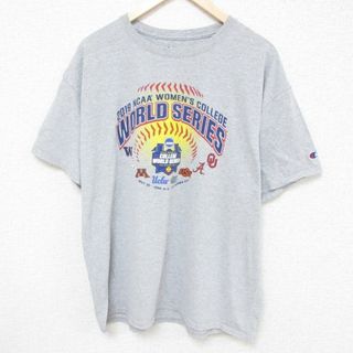 チャンピオン(Champion)のXL★古着 チャンピオン Champion 半袖 ブランド Tシャツ メンズ NCAA ワールドシリーズ オクラホマ 野球 クルーネック グレー 霜降り 23jul27 中古(Tシャツ/カットソー(半袖/袖なし))