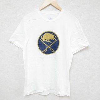 アディダス(adidas)のL★古着 アディダス adidas 半袖 ブランド Tシャツ メンズ NHL バッファローセイバーズ ジェフスキナー 53 コットン クルーネック 白 ホワイト アイスホッケー 23jul27 中古(Tシャツ/カットソー(半袖/袖なし))