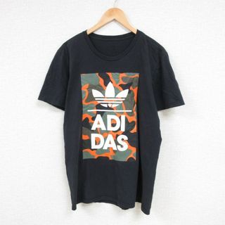 アディダス(adidas)のL★古着 アディダス adidas 半袖 ブランド Tシャツ メンズ ビッグロゴ リーフ トレフォイル クルーネック 黒 ブラック 23jul28 中古(Tシャツ/カットソー(半袖/袖なし))