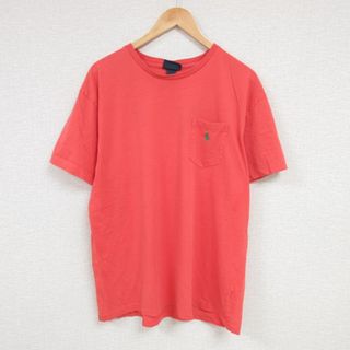 ラルフローレン(Ralph Lauren)のXL★古着 ラルフローレン Ralph Lauren 半袖 ブランド Tシャツ メンズ 90年代 90s ワンポイントロゴ 胸ポケット付き コットン クルーネック 薄赤 レッド 23jul28 中古(Tシャツ/カットソー(半袖/袖なし))