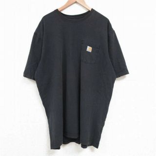 カーハートダブリューアイピー(Charhartt WIP)のXL★古着 カーハート Carhartt 半袖 ブランド Tシャツ メンズ ワンポイントロゴ 胸ポケット付き 大きいサイズ ロング丈 コットン クルーネック 黒 ブラック 23jul31 中古(Tシャツ/カットソー(半袖/袖なし))