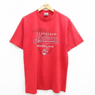 L★古着 半袖 Tシャツ メンズ MLB クリーブランドインディアンス コットン クルーネック 赤 レッド メジャーリーグ ベースボール 野球 23jul26 中古(Tシャツ/カットソー(半袖/袖なし))