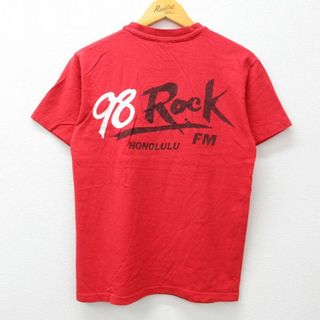 ヘインズ(Hanes)のM★古着 ヘインズ Hanes 半袖 ビンテージ Tシャツ メンズ 90年代 90s ROCK ホノルル コットン クルーネック USA製 赤 レッド 23jul26 中古(Tシャツ/カットソー(半袖/袖なし))