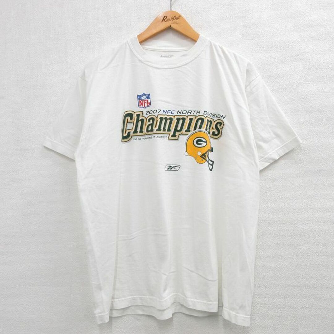 Champion(チャンピオン)のXL★古着 リーボック REEBOK 半袖 ビンテージ Tシャツ メンズ 00年代 00s NFL グリーンベイパッカーズ チャンピオンズ コットン クルーネック 白 ホワイト アメフト スーパーボウル 23jul27 中古 メンズのトップス(Tシャツ/カットソー(半袖/袖なし))の商品写真