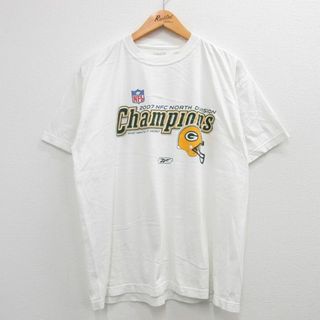 チャンピオン(Champion)のXL★古着 リーボック REEBOK 半袖 ビンテージ Tシャツ メンズ 00年代 00s NFL グリーンベイパッカーズ チャンピオンズ コットン クルーネック 白 ホワイト アメフト スーパーボウル 23jul27 中古(Tシャツ/カットソー(半袖/袖なし))