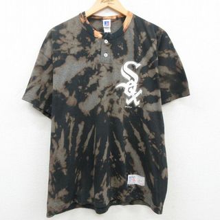 XL★古着 ラッセル 半袖 ビンテージ Tシャツ メンズ 90年代 90s MLB シカゴホワイトソックス ヘンリーネック 黒 ブラック ブリーチ加工 メジャーリーグ ベースボール 野球 23jul27 中古(Tシャツ/カットソー(半袖/袖なし))