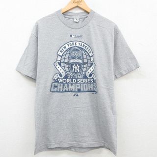 マジェスティック(Majestic)のL★古着 マジェスティック 半袖 ビンテージ Tシャツ メンズ 00年代 00s MLB ニューヨークヤンキース ワールドシリーズ クルーネック グレー 霜降り メジャーリーグ ベースボール 野球 23jul27 中古(Tシャツ/カットソー(半袖/袖なし))