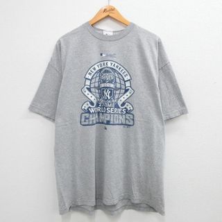 マジェスティック(Majestic)のXL★古着 マジェスティック 半袖 ビンテージ Tシャツ メンズ 00年代 00s MLB ニューヨークヤンキース ワールドシリーズ 大きいサイズ クルーネック グレー 霜降り メジャーリーグ ベースボール 野球 23jul27 中古(Tシャツ/カットソー(半袖/袖なし))