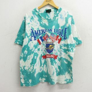 アメリカンイーグル(American Eagle)のXL★古着 アメリカンイーグル American Eagle 半袖 ビンテージ Tシャツ メンズ 90年代 90s ビッグロゴ 国旗 コットン クルーネック USA製 青緑他 ブリーチ加工 23jul29 中古(Tシャツ/カットソー(半袖/袖なし))