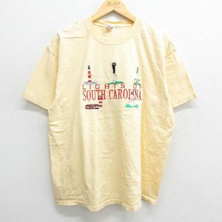 XL★古着 半袖 ビンテージ Tシャツ メンズ 00年代 00s サウスカロライナ 灯台 刺繍 大きいサイズ クルーネック 黄 イエロー 23jul29 中古(Tシャツ/カットソー(半袖/袖なし))